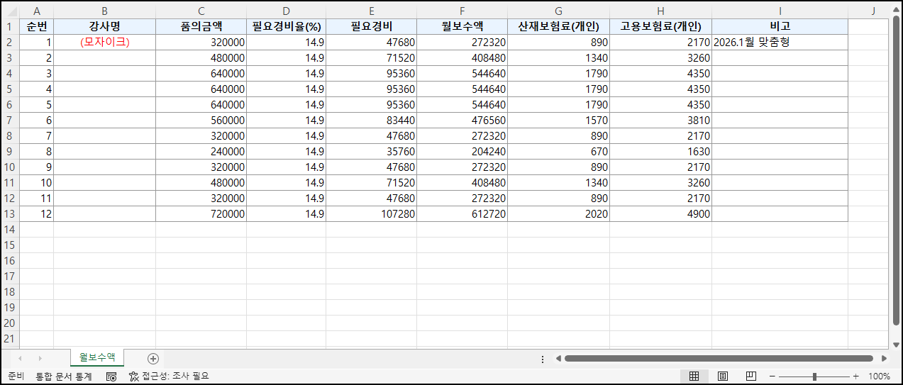 생성된 엑셀파일 예시 화면